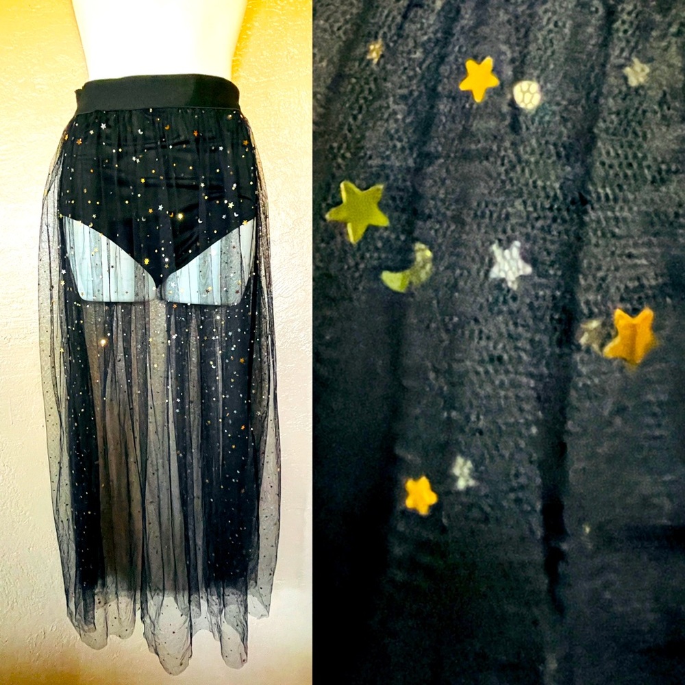 SHEIN Sheer ILLUSION LACE Skirt With Holden STAR GLITTER S/M